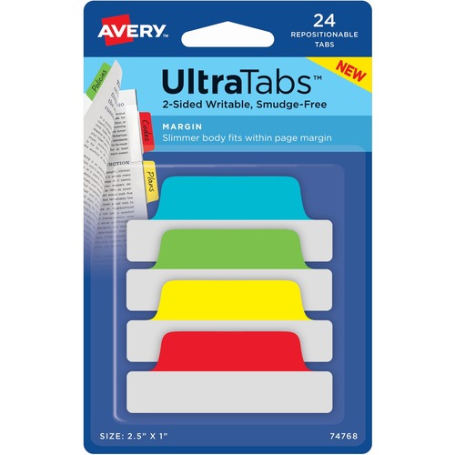 Ultra Tabs Repositionable Tabs, 2.5 X 1, Primary:green, Red, Yellow, Blue, 24/pk