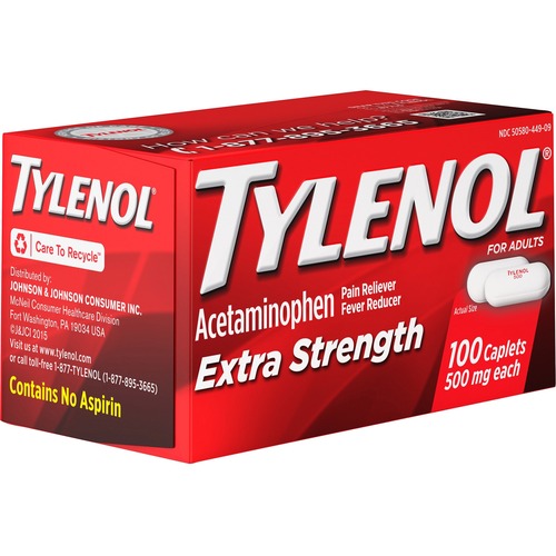 Johnson & Johnson  Tylenol Extra Strength Caplets, 500mg, 100/BX, Red