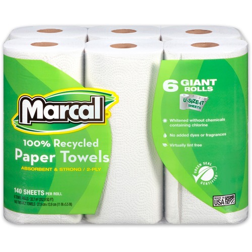 100(percent) Recycled Roll Towels, 2-Ply, 5 1/2 X 11, 140/roll, 6 Rolls/pack