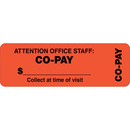 Co-Pay Labels, 3"x1", 500/RL, FL Red-orange