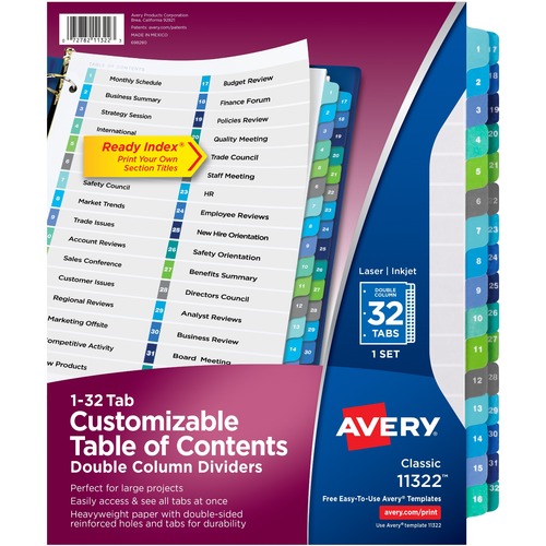 CUSTOMIZABLE TOC READY INDEX DOUBLE COLUMN MULTICOLOR DIVIDERS, 32-TAB, LETTER