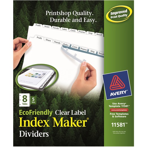 INDEX MAKER ECOFRIENDLY PRINT AND APPLY CLEAR LABEL DIVIDERS WITH WHITE TABS, 8-TAB, 11 X 8.5, WHITE, 5 SETS