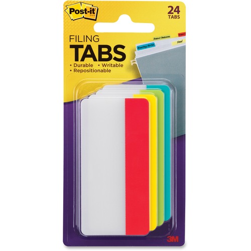 File Tabs, 3 X 1 1/2, Solid, Aqua/lime/red/yellow, 24/pack