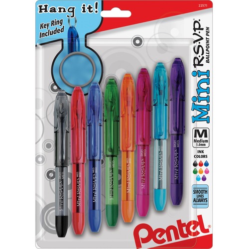 Mini Ballpoint Pen,Medium,Rubber Grip,Nonrefillable,8/PK,Ast