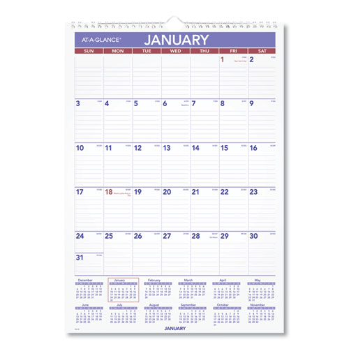 MONTHLY WALL CALENDAR WITH RULED DAILY BLOCKS, 12 X 17, WHITE, 2021