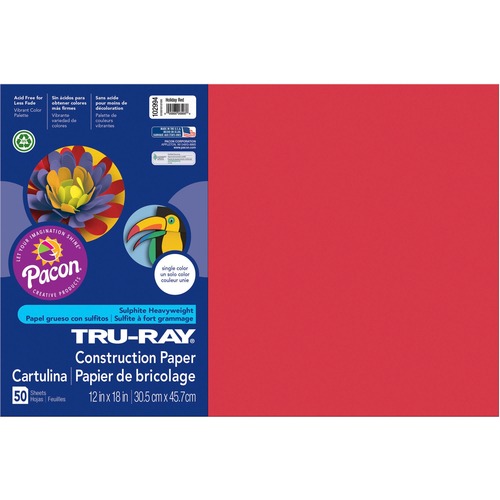 Tru-Ray Construction Paper, 76 Lbs., 12 X 18, Holiday Red, 50 Sheets/pack