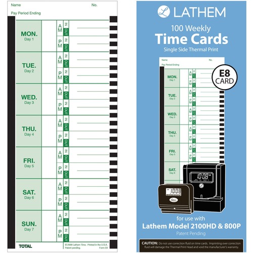 Time Card For Lathem Model 800p, 4 X 9, Weekly, 1-Sided, 100/pack