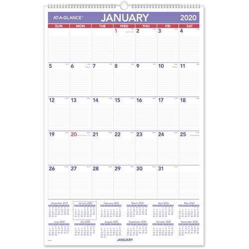 MONTHLY WALL CALENDAR WITH RULED DAILY BLOCKS, 20 X 30, WHITE, 2019