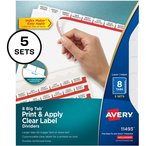 PRINT AND APPLY INDEX MAKER CLEAR LABEL DIVIDERS, 8 WHITE TABS, LETTER, 5 SETS