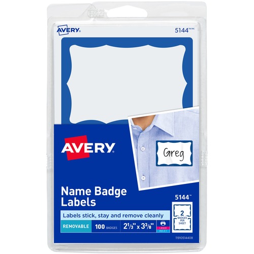 PRINTABLE ADHESIVE NAME BADGES, 2 1/3 X 3 3/8, BLUE BORDER, 100/PACK