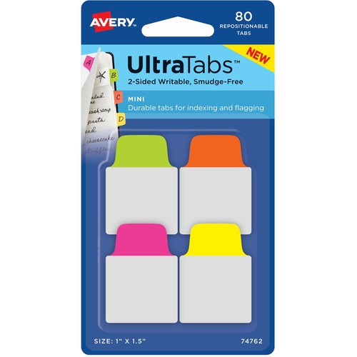 Ultra Tabs Repositionable Tabs, 1 X 1.5, Neon:green, Orange, Pink, Yellow, 80/pk