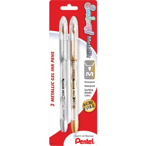 Gel Ink Pen, Roller Ball, Med Point, 2/PK, Gold/Silver