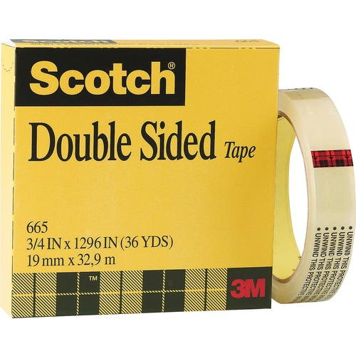 665 Double-Sided Tape, 1/2" X 1296", 3" Core, Transparent, 2/pack