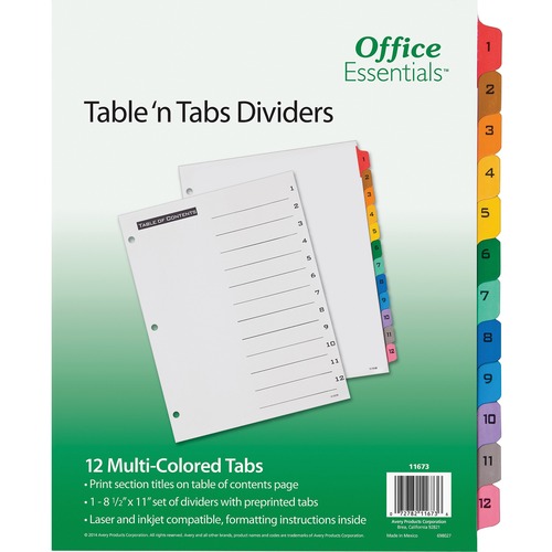 TABLE 'N TABS DIVIDERS, 12-TAB, 1 TO 12, 11 X 8.5, WHITE, 1 SET