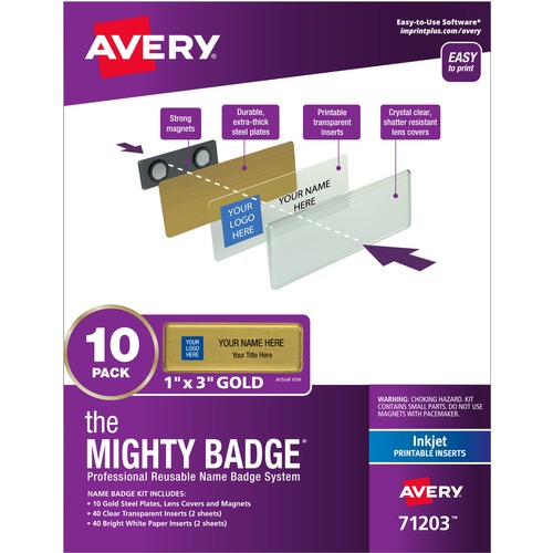 Badge Kit, Magnetic, Inkjet, Reusable, 1"x3", 10/PK, Gold