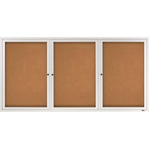 Cork Board W/Glass Door, 3 Door, 6'x3', Aluminum Frame