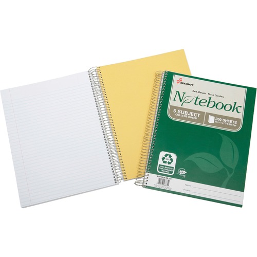 7530016002015 SKILCRAFT RECYCLED NOTEBOOK, 5 SUBJECTS, MEDIUM/COLLEGE RULE, GREEN COVER, 11 X 8.5, 200 SHEETS