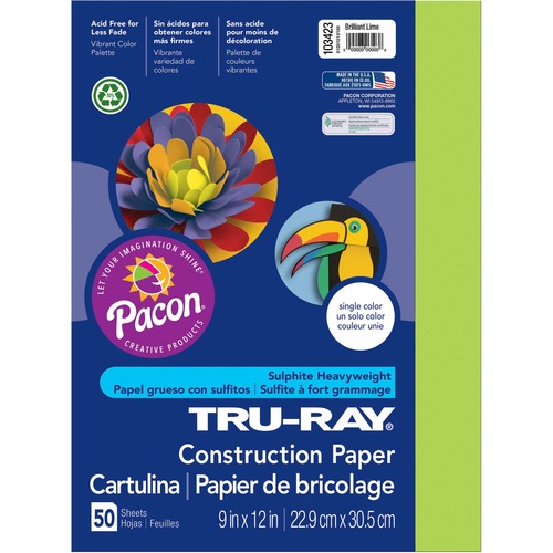 Tru-Ray Construction Paper, 76 Lbs., 9 X 12, Brilliant Lime, 50 Sheets/pack