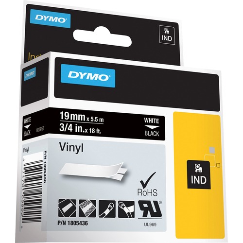 Rhino Permanent Vinyl Industrial Label Tape, 3/4" X 18 Ft, Black/white Print