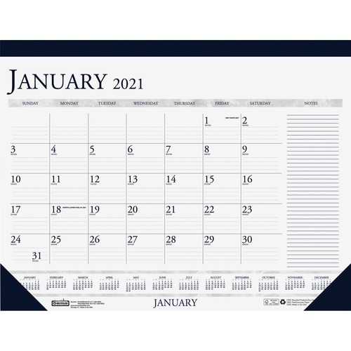 RECYCLED TWO-COLOR MONTHLY DESK CALENDAR W/LARGE NOTES SECTION, 18 1/2 X13, 2019