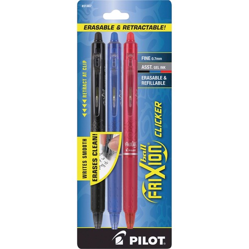 Frixion Clicker Erasable Gel Ink Retractable Pen, Assorted Ink, .7mm, 3/pack