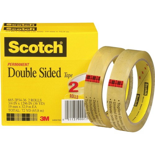 Double-Sided Tape, 3/4" X 1296", 3" Core, Transparent, 2/pack