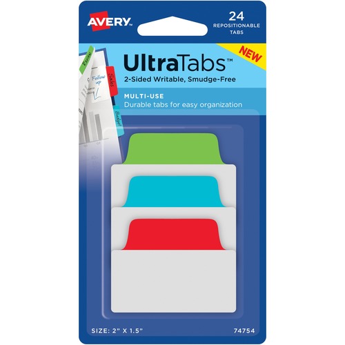 ULTRA TABS REPOSITIONABLE TABS, 2 X 1.5, PRIMARY: BLUE, GREEN, RED, 24/PK