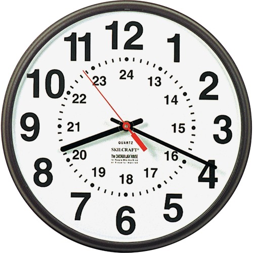 6645013428199, 12/24 HOUR SLIMLINE QUARTZ WALL CLOCK, 12 3/4", WHITE FACE, BROWN