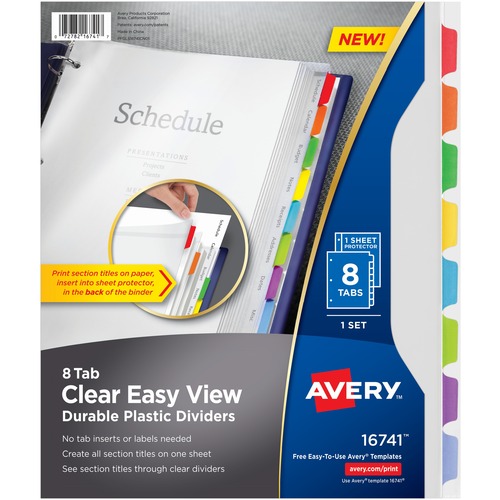 CLEAR EASY VIEW PLASTIC DIVIDERS WITH MULTICOLORED TABS AND SHEET PROTECTOR, 8-TAB, 11 X 8.5, CLEAR, 1 SET