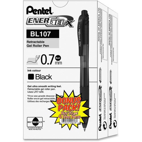 Energel-X Retractable Roller Gel Pen, .7mm, Black Barrel, Black Ink, 24/pack