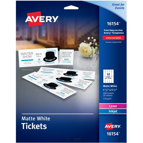 PRINTABLE TICKETS W/TEAR-AWAY STUBS, 97 BRIGHT, 65LB, 8.5 X 11, WHITE, 10 TICKETS/SHEET, 20 SHEETS/PACK