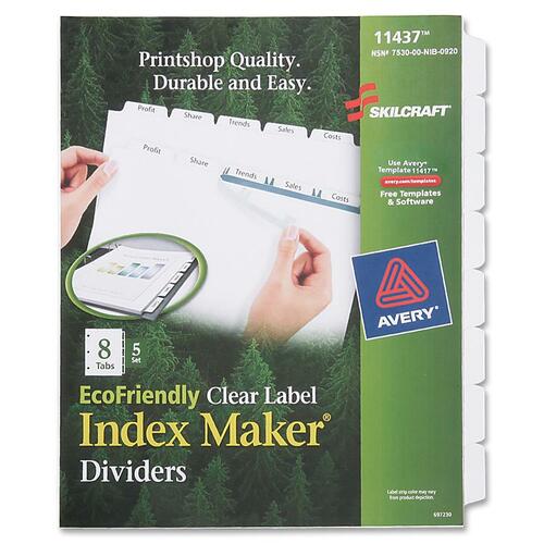 7530016006982, AVERY INDEX DIVIDERS, 8-TAB, BLANK TABS, LETTER, WHITE, 5 SETS