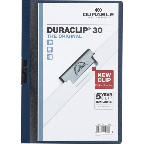 VINYL DURACLIP REPORT COVER W/CLIP, LETTER, HOLDS 30 PAGES, CLEAR/NAVY, 25/BOX