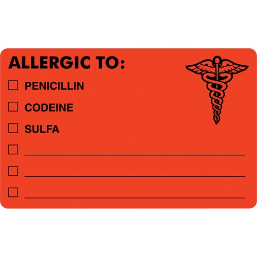 Drug Allergy Medical Warning Labels, 2-1/2 X 4, Orange, 100/roll