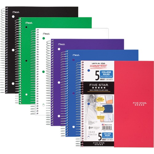 WIREBOUND NOTEBOOK, 5 SUBJECTS, COLLEGE RULE, ASSORTED COLOR COVERS, 11 X 8.5, 200 SHEETS