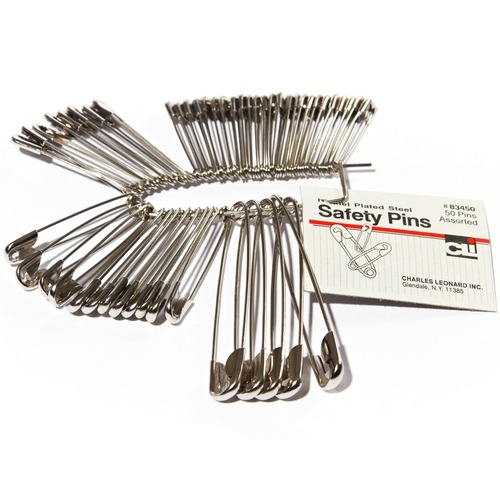 Safety Pins, Nickel-Plated, Steel, Assorted Sizes, 50/pack