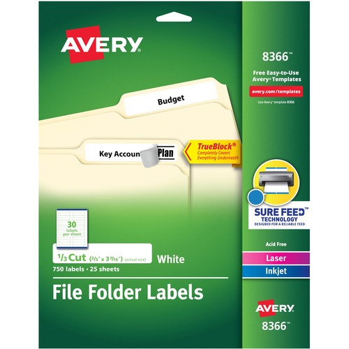 PERMANENT TRUEBLOCK FILE FOLDER LABELS WITH SURE FEED TECHNOLOGY, 0.66 X 3.44, WHITE, 30/SHEET, 25 SHEETS/PACK