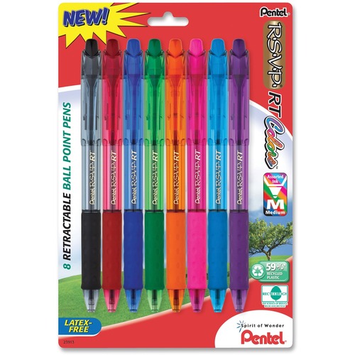 R.s.v.p. Rt Retractable Ballpoint Pen, 1mm, Clear Barrel, Assorted Ink, 8/pack