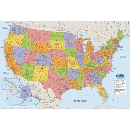 Laminated United States Map, 38"x25", Multi-Color