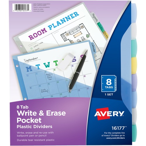 WRITE AND ERASE DURABLE PLASTIC DIVIDERS WITH POCKET, 3-HOLD PUNCHED, 8-TAB, 11.13 X 9.25, ASSORTED, 1 SET