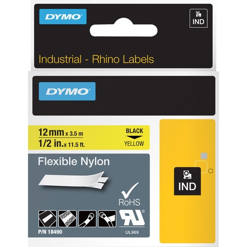 Rhino Flexible Nylon Industrial Label Tape, 1/2" X 11 1/2 Ft, Yellow/black Print
