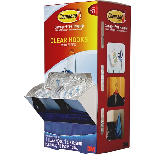 Clear Hooks & Strips, Plastic, Medium, 50 Hooks W/50 Adhesive Strips Per Carton