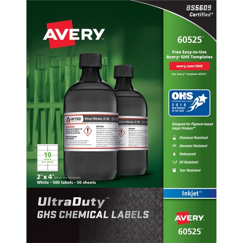 GHS CHEMICAL WATERPROOF & UV RESISTENT LABELS, INKJET, 2 X 4, 500/PACK