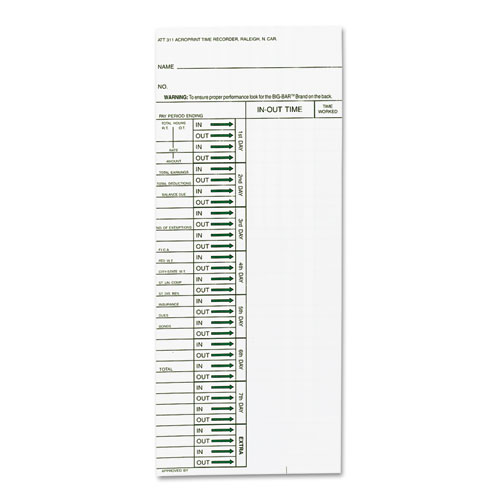 Time Card For Model Att310 Electronic Totalizing Time Recorder, Weekly, 200/pack