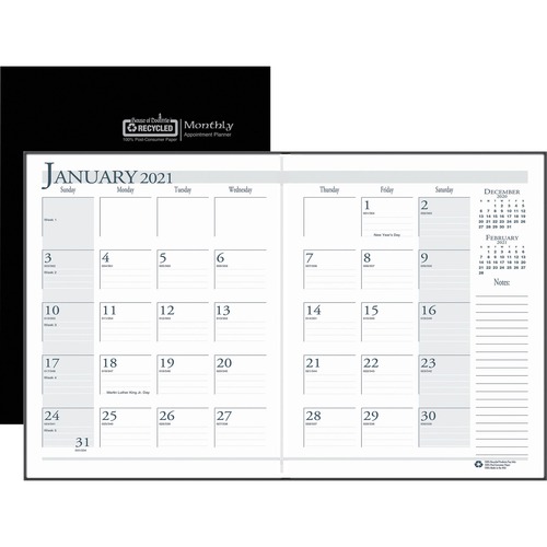 RECYCLED RULED 14-MONTH PLANNER, LEATHERETTE COVER, 7 X 10, BLACK, 2018-2020