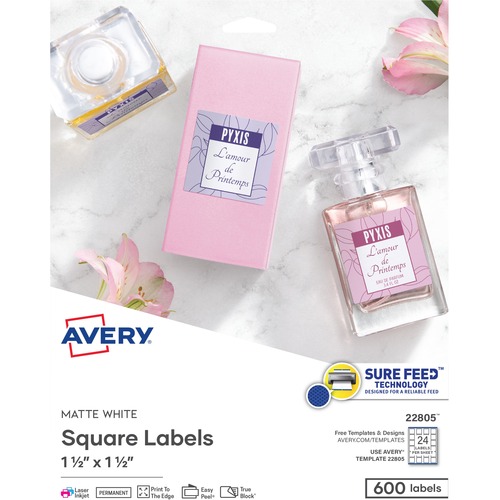 SQUARE LABELS WITH SURE FEED AND TRUEBLOCK, 1 1/2 X 1 1/2, WHITE, 600/PACK