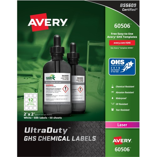 GHS CHEMICAL WATERPROOF & UV RESISTENT LABELS, LASER, 2 X 2, 600/BOX