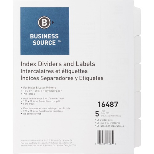 Index Dividers, Unpunched, 5-Tab, 25 Sets/BX, White