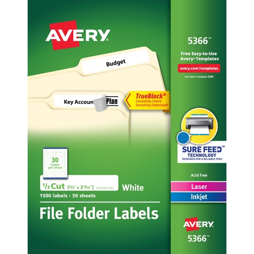 PERMANENT TRUEBLOCK FILE FOLDER LABELS WITH SURE FEED TECHNOLOGY, 0.66 X 3.44, WHITE, 30/SHEET, 50 SHEETS/BOX