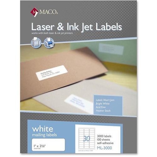 White Laser/inkjet Shipping & Address Labels, 1 X 2 5/8, 3000/box